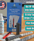 Premium Golf Grip Kit For Regripping With 15 2x10 Tape Strips Durable Rubber Vise Clamp Retractable Double Sided Hook Knife And 4 Oz HF 100 Non Toxic Odorless Solvent For Quick Solid Grip displayed with components on table