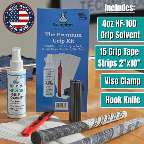 Premium Golf Grip Kit For Regripping With 15 2x10 Tape Strips Durable Rubber Vise Clamp Retractable Double Sided Hook Knife And 4 Oz HF 100 Non Toxic Odorless Solvent For Quick Solid Grip displayed with components on table