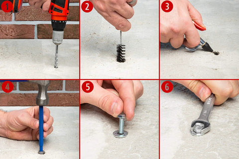 Installation steps for Expansion Shield Anchor in Zamac Alloy For Solid Masonry And Uncracked Concrete, 7/8 Inch Length, 1/4-20 Threads.