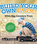 Child playing with flatbed trailer with gooseneck hitch for farm toys and toy trucks, one to twenty scale hauler with back ramps.
