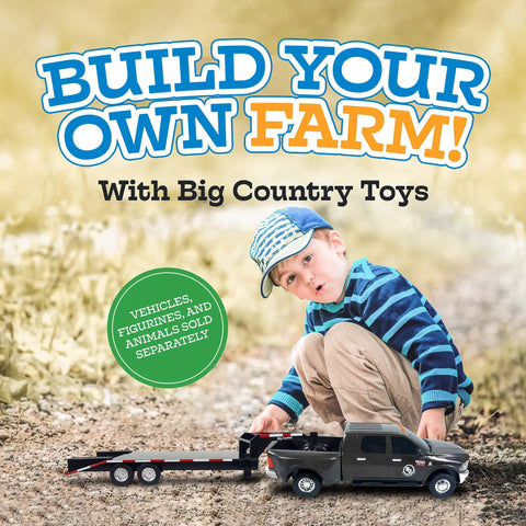 Child playing with flatbed trailer with gooseneck hitch for farm toys and toy trucks, one to twenty scale hauler with back ramps.
