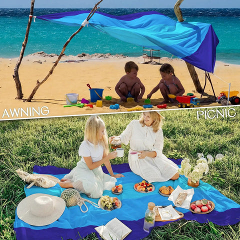 Oversized Beach Blanket 78 By 81 Inches used as awning on beach and picnic mat on grass, blue mixed color, 210T polyester
