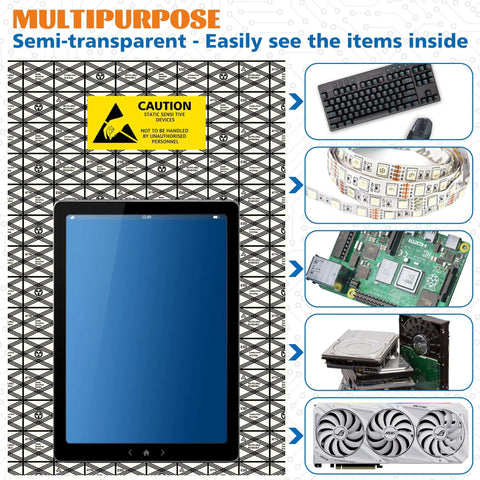 Open Top Antistatic Bags 12x16 Inches Premium ESD Safe Bags With Stickers For Electronics Protection with items shown