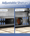 Adjustable Shelves on Extra Large Heavy Duty Metal Storage Shelves Built Like A Tank to store tires, showcasing before and after adjustments.