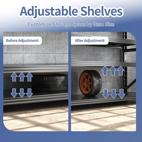 Adjustable Shelves on Extra Large Heavy Duty Metal Storage Shelves Built Like A Tank to store tires, showcasing before and after adjustments.