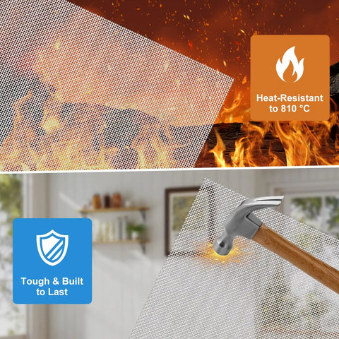 Six Pack 11.8 Inch By 8.2 Inch 304 Stainless Steel Wire Mesh Screens For Diy Projects Cages Vents Garden Window Screens And Filter Mesh Rustproof Heavy Duty With Heat Resistance Up To 1490 Fahrenheit shown heat-resistant and durable against fire with a hammer.