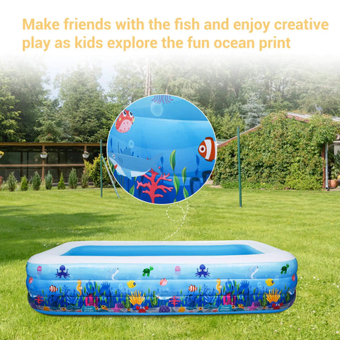 Ultra Spacious Family Sized Inflatable Pool 100 Inch By 66 Inch By 23 Inch Above Ground Kiddie Lounge Blow Up Pool in garden