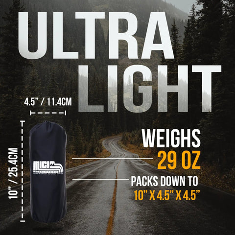 Ultralight Camping Sleeping Pad For Backpacking Rugged Inflatable Mattress with pump sack, size 10x4.5 inches, 29 oz weight.