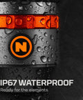Close-up of waterproof 12,000 Lumen Handheld Flashlight With 5 Lighting Modes USB-C Rechargeable Tactical Floodlight with water droplets.