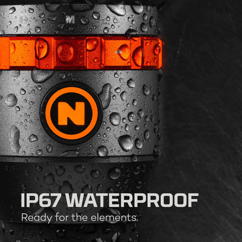 Close-up of waterproof 12,000 Lumen Handheld Flashlight With 5 Lighting Modes USB-C Rechargeable Tactical Floodlight with water droplets.