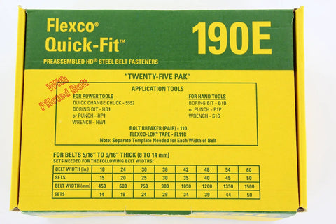190E Box Quick Fit Bolt Solid Steel Plate Fastener Kit packaging label showing belt size and tool application instructions.