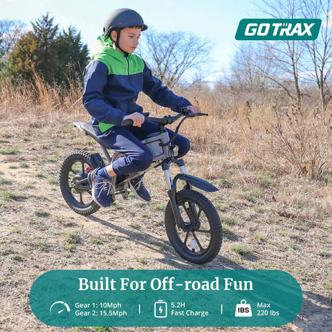 Child riding off road electric dirt bike with 16 inch pneumatic tires 300W brushless motor 15.5 MPH top speed on trail