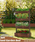 Wooden Raised Garden Bed Vertical Planter Box in garden setting, showcasing four-tier carbonized design with herbs and vegetables.