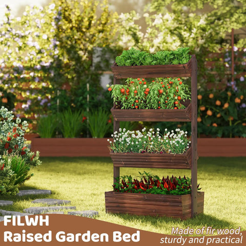Wooden Raised Garden Bed Vertical Planter Box in garden setting, showcasing four-tier carbonized design with herbs and vegetables.