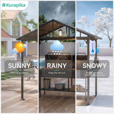 Hardtop Outdoor BBQ Grill Gazebo With Bar And Tool Hooks, Waterproof Sloped Roof, Smoke Venting Canopy in various weather conditions
