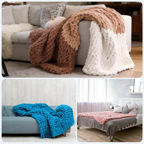 Chunky blankets displayed in various colors on sofas and beds, showcasing the texture and comfort suitable for home decor.
