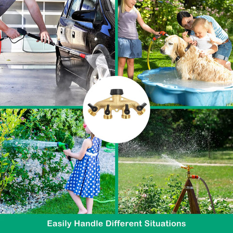 4 Way Heavy Duty Brass Garden Hose Splitter For 3/4 Inch Hoses, used for car wash, garden, and pet watering