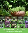 Image of Ten Culinary Herb Seeds Pack For Indoor Kitchen Garden Featuring Basil Cilantro Lavender Dill Parsley Oregano Thyme Sage Chives Marjoram Ideal Starter Kit For Fresh Bangin Homegrown Flavors displayed with potted herbs.
