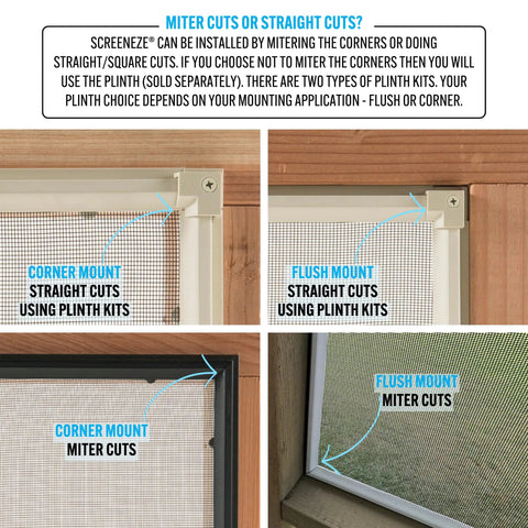 No Spline Screened Porch Kit For Quick Mess Free Screen Install showing miter and straight cuts for mounting options.