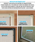 Installation options for No Sweat No Spline Porch Screen Kit showing corner and flush mounts, miter and straight cuts.