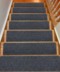 15 Piece Indoor Stair Treads For Wooden Steps Non Slip Carpet Runner Mats With Gray Stripe Pattern Soft 100 Percent Polyester