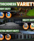 Thickness varieties of tarps including Heavy Duty 8x10 Feet Tan Tarp With 12 Mil Waterproof Poly Coverage, UV resistant, durable.