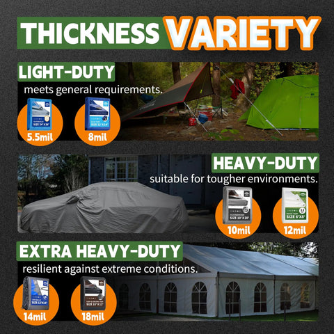 Thickness varieties of tarps including Heavy Duty 8x10 Feet Tan Tarp With 12 Mil Waterproof Poly Coverage, UV resistant, durable.