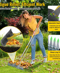 Woman using 2 In 1 Thatch Rake And Leaf Rake Stainless Steel Lawn Dethatcher with 19 tines and 15 inch wide head on grass