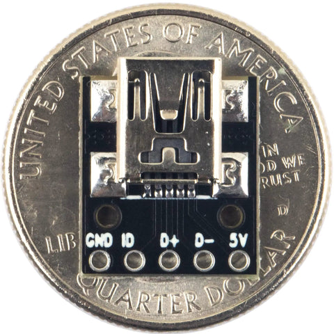 Mini USB Breakout Board Female Connector 5 Pins 0.1 Inch Pitch 150 Mils PCB Converter Board on U.S. quarter coin