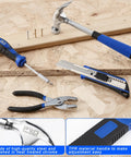 Prostormer blue 93-piece tool kit with hammer, screwdriver, utility knife and pliers on plywood