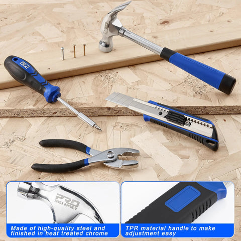 Prostormer blue 93-piece tool kit with hammer, screwdriver, utility knife and pliers on plywood