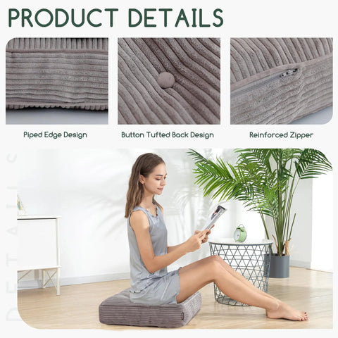 Senior Friendly Tufted Corduroy Recliner Cushion 20x20x4 Inches High Density Foam Square Seat Pad with young woman seated