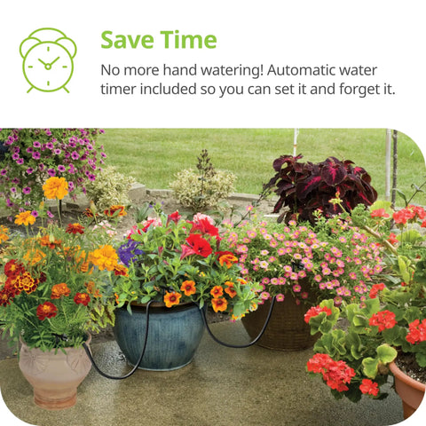 No Fuss Drip Watering System With Timer For Containers And Hanging Baskets, Automatic Irrigation For Up To Twenty Plants, Includes Twenty Drippers, Black in use on various flower pots.