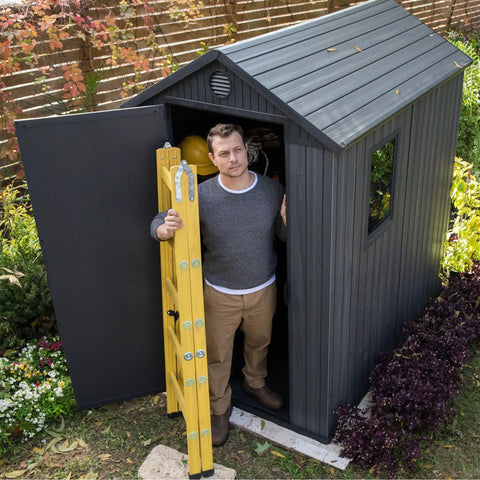 Lockable Resin Outdoor Storage Shed Graphite Gray Four By Six Feet Weather Resistant Patio Garden Tool Organizer Grand Slam Of High Capacity Backyard Gear Stash And Decked Out Storage Corner
