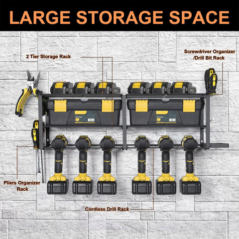 Power Tool Organizer With Six Drill Holders Wall Mounted Heavy Duty Metal Tool Rack featuring pliers and screwdriver racks