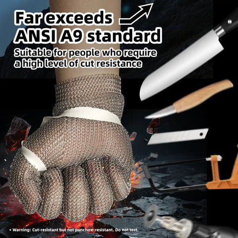 A9 Pro Grade Cut Resistant Stainless Steel Chainmail Glove For Meat Processing And Food Prep Oyster Shucking Fish Fillet Heavy Duty Safety Left Or Right Hand Fit Size L shown with various sharp tools.