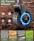 Close-up of all-terrain wheel with 360° swivel feature on Collapsible Wagon Cart With Wheels Heavy Duty Folding Wagon For Groceries Shopping Outdoor Portable 250 Lb Capacity Trolley Black One Hand Quick Fold For Easy Haul And Storage, showing compatibility with gravel, mud, asphalt, and grass surfaces.