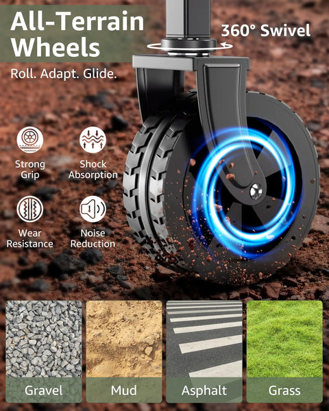 Close-up of all-terrain wheel with 360° swivel feature on Collapsible Wagon Cart With Wheels Heavy Duty Folding Wagon For Groceries Shopping Outdoor Portable 250 Lb Capacity Trolley Black One Hand Quick Fold For Easy Haul And Storage, showing compatibility with gravel, mud, asphalt, and grass surfaces.