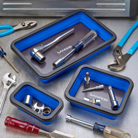 Magnetic Parts Tray Set With Three Collapsible Sizes For Mechanics, Tool Trays For Screws Bolts Nuts Washers Pins And Small Metal Parts