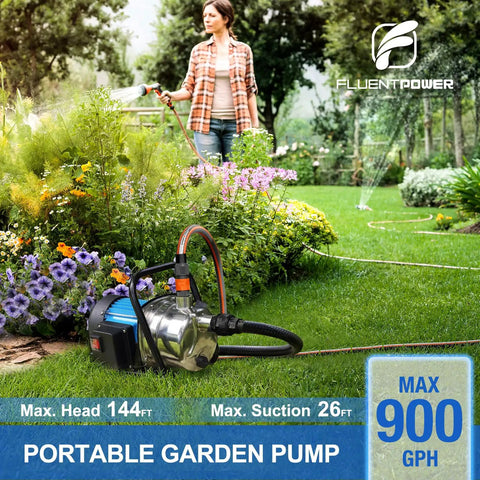 Woman using 1HP Portable Garden Transfer Pump 900GPH Booster for Lawn Irrigation in garden, stainless steel housing visible