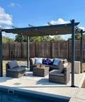 Aluminum Outdoor Pergola With Wind Resistant Frame, Retractable Canopy And Double Sun Shade, 10 By 13 Feet, Grey, patio view