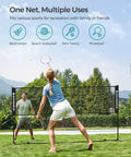 People playing in front of 10 Ft Badminton Net With Height Adjustable Poles And Clear Height Marks For Badminton Tennis Beach Volleyball And Pickleball Foldable Nylon Net Portable Indoor Outdoor Court Setup With Carry Bag Black