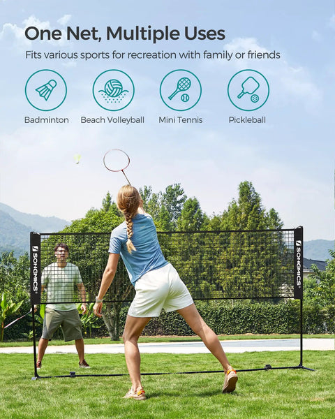 People playing in front of 10 Ft Badminton Net With Height Adjustable Poles And Clear Height Marks For Badminton Tennis Beach Volleyball And Pickleball Foldable Nylon Net Portable Indoor Outdoor Court Setup With Carry Bag Black