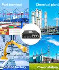 Collage showing a 9-Port Unmanaged Industrial Ethernet Hardened Network Fiber Switch in port terminal, chemical plant, automated factory, power station.