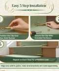 Easy 3 step installation of stair carpet holder clips 5 inch brass floral design rug fasteners on stairs with green runner