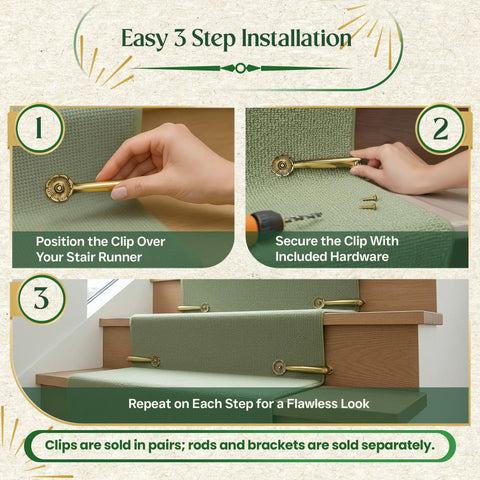Easy 3 step installation of stair carpet holder clips 5 inch brass floral design rug fasteners on stairs with green runner