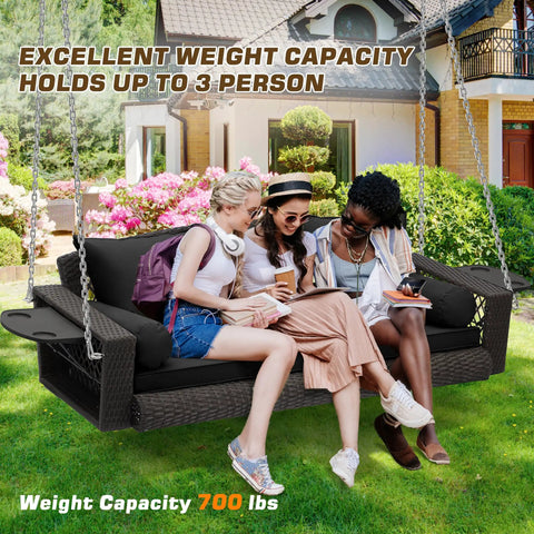 3 Person Porch Swing Bench Wicker Outdoor Hanging Chair for Garden Yard and Lawn Brown Rattan with Cushions and Pillow