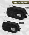 Tactical Toiletry Bag For Men Water Resistant Military Molle Dopp Kit dimensions shown in black with USA flag patch