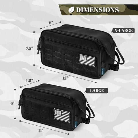 Tactical Toiletry Bag For Men Water Resistant Military Molle Dopp Kit dimensions shown in black with USA flag patch