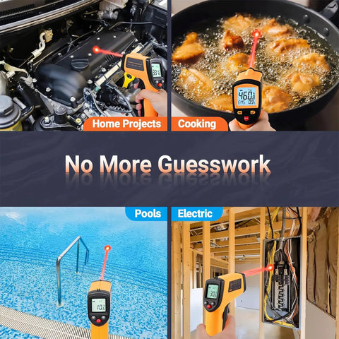Non Contact Infrared Thermometer Gun For Cooking And BBQ With Backlight - Laser Temperature Gun For Grilling, Pizza Oven, And Smoker, Reads -58F To 712F, Handheld, Emissivity Adjustable 0.1-1.0, Not For Human Use, used for cooking, engine, pool, and electrical checks